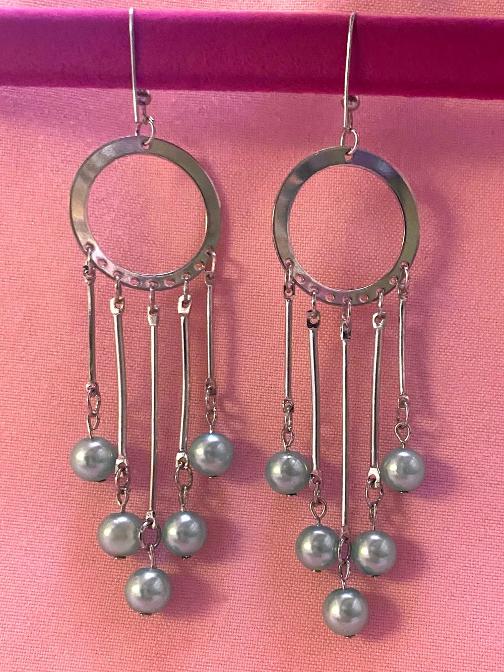 Light Blue Pearl Drop Tip Earrings Silver Hoot / Metal Fringe m